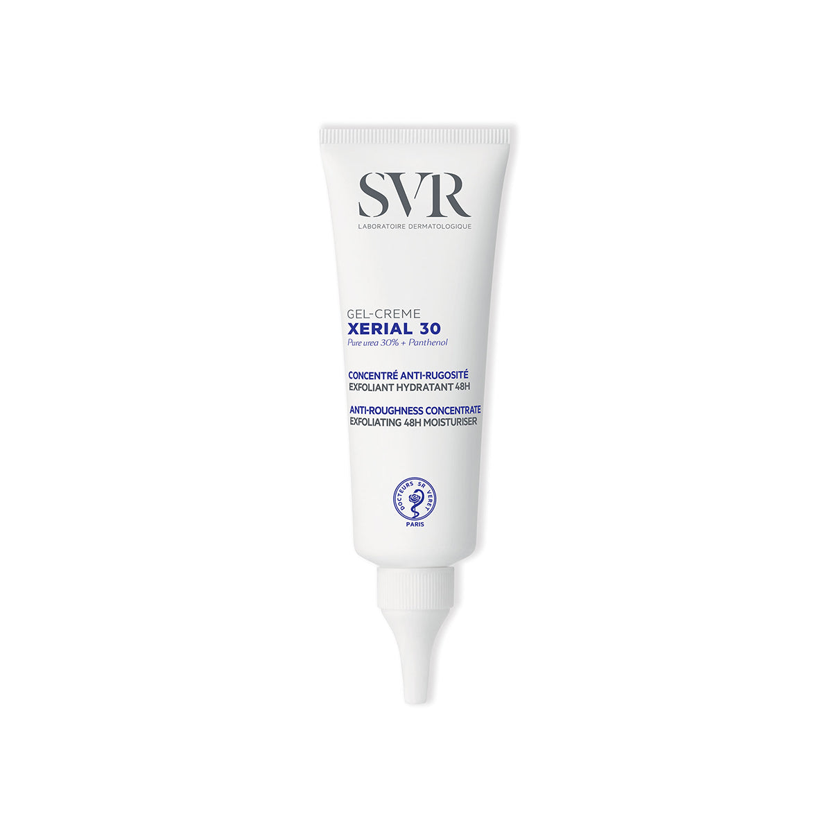 Weiße SVR XERIAL 30 Gel-Crème Tube mit blauem Text, 30% Urea-Formel und Präzisionsspitze auf weißem Hintergrund.