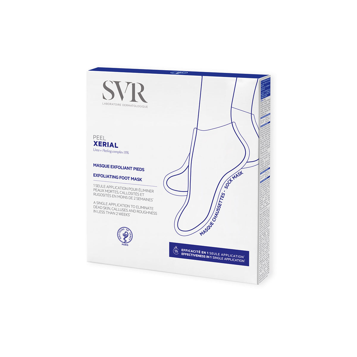 Weiße SVR XERIAL Peel Fußmasken-Verpackung mit blauer Schrift und Illustration einer Sockenmaske auf weißem Hintergrund.
