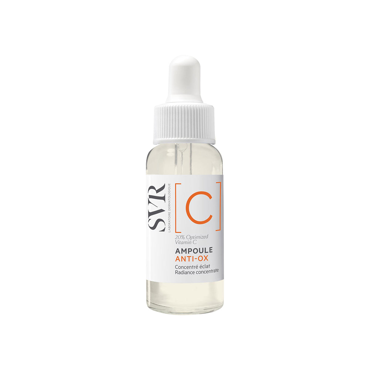 SVR [C] Ampoule Anti-Ox Vitamin C Serum in einer transparenten Glasflasche mit weißem Pipettenverschluss auf weißem Hintergrund.