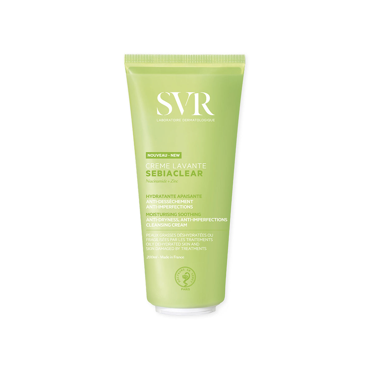 SVR SEBIACLEAR Crème Lavante 200ml Tube in hellgrünem Design zur sanften Reinigung empfindlicher, unreiner Haut.