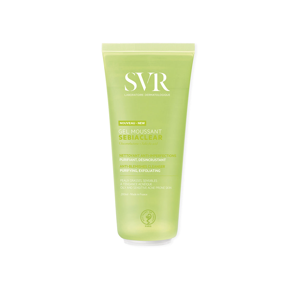 SVR SEBIACLEAR Gel Moussant Reinigungsgel in einer hellgrünen 200ml Tube für zu Akne neigende, empfindliche Haut.