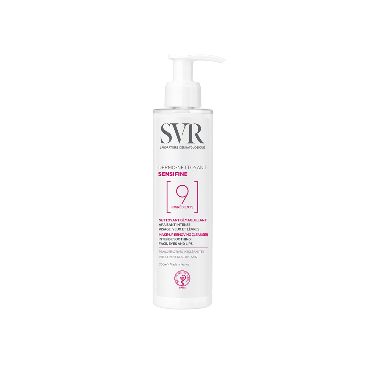 Weiße 200ml SVR Sensifine Dermo-Nettoyant Reinigungsflasche mit Pumpspender und minimalistischem Etikett auf weißem Grund.