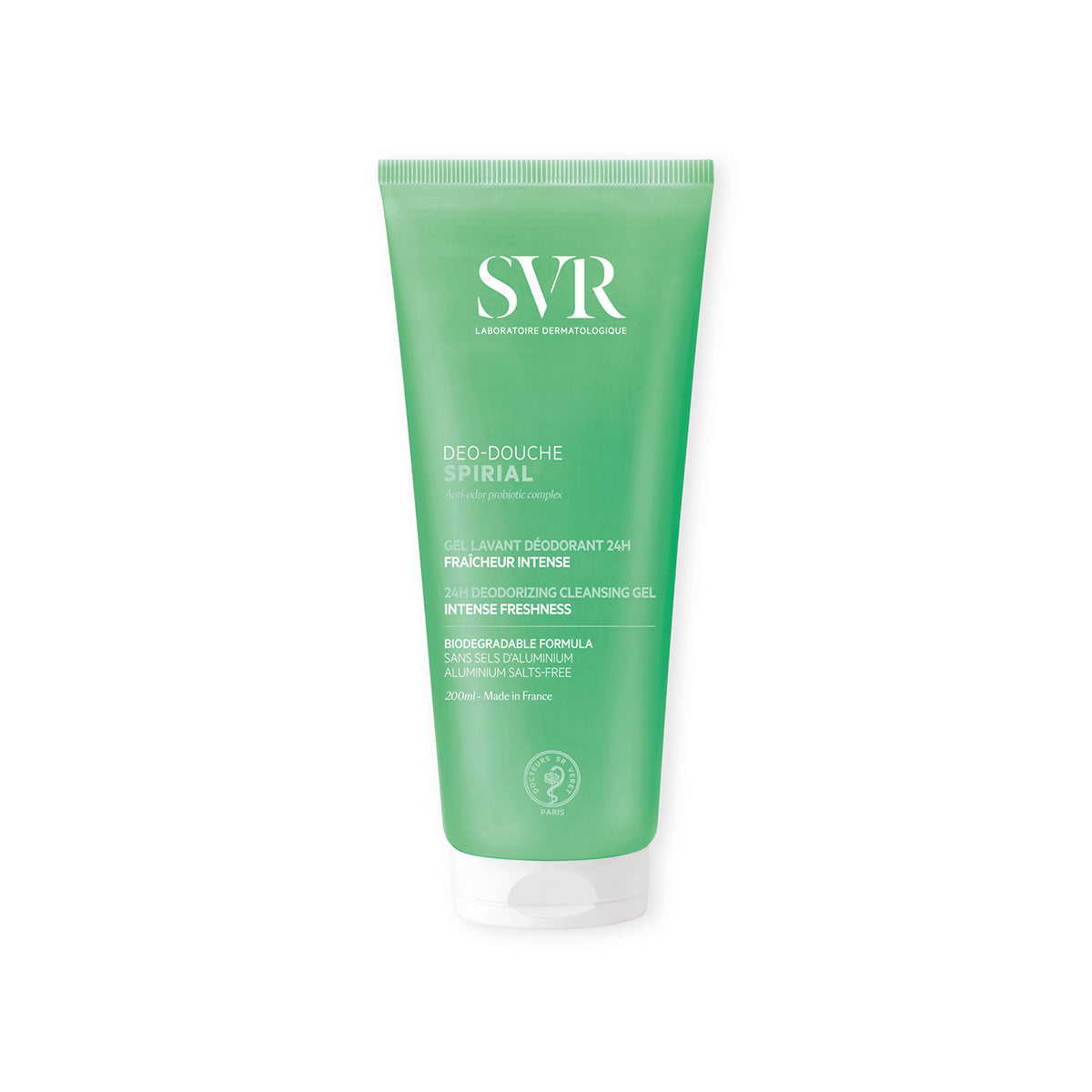 Grüne 200ml SVR Spirial Déo-Douche Tube mit weißem Verschluss und weißer Beschriftung auf weißem Hintergrund.
