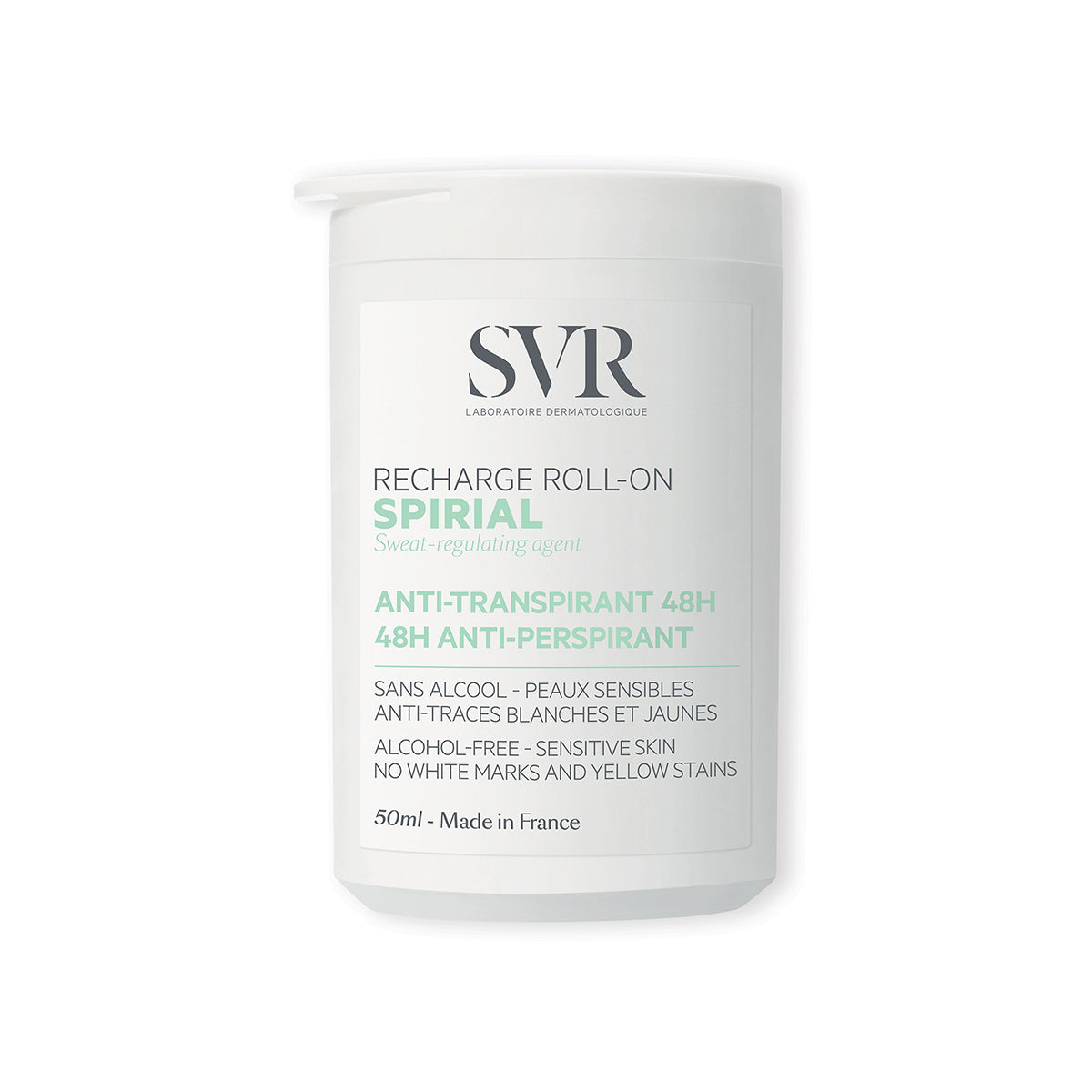 Weißer SVR Spirial Roll-On Refill 50ml Antitranspirant mit grünem Text auf zylindrischer Flasche für empfindliche Haut.