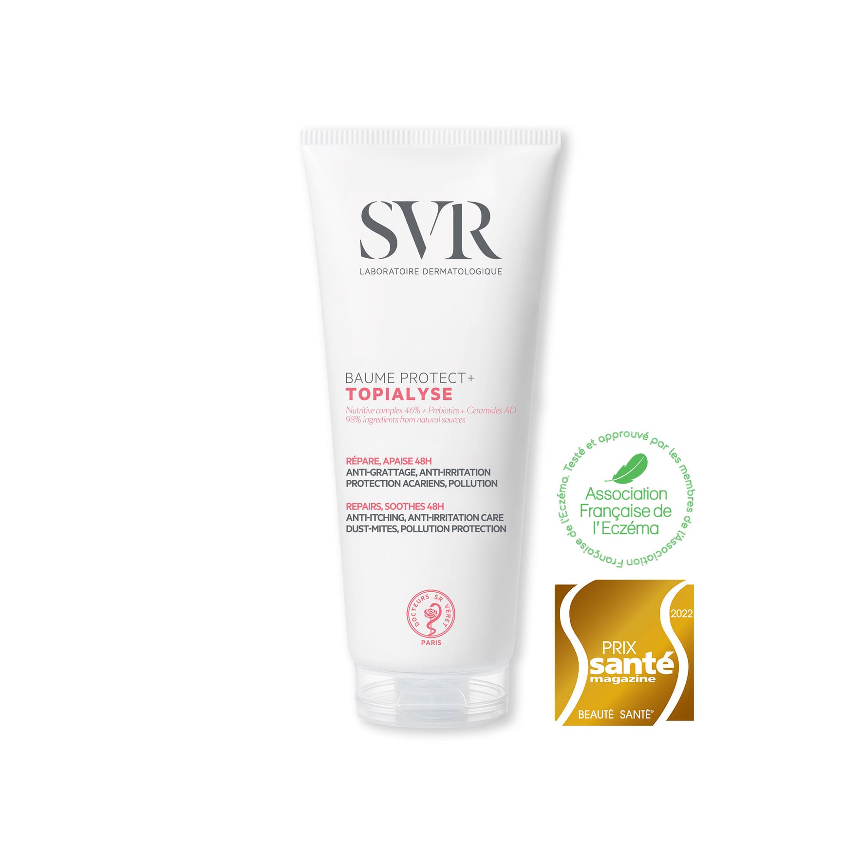 Weiße Tube SVR Topialyse Baume Protect+ mit 48h-Pflegeformel, neben einem grünen Eczema-Siegel und goldener Auszeichnung.