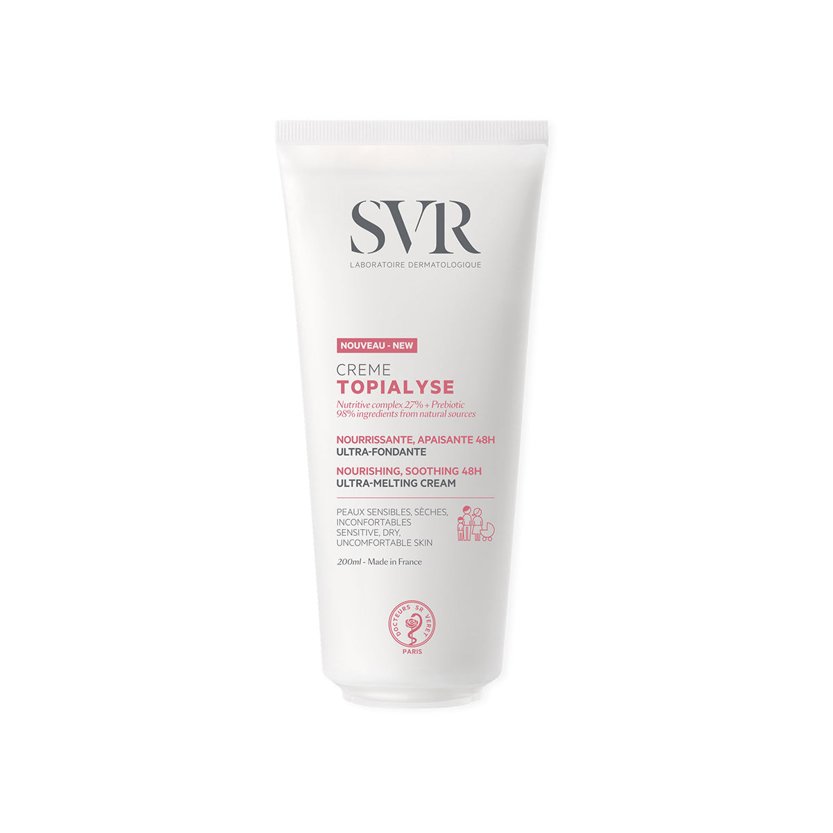 Weiße 200ml SVR TOPIALYSE Creme Tube für trockene, empfindliche Haut mit schwarzer und rosa Beschriftung auf weißem Hintergrund.