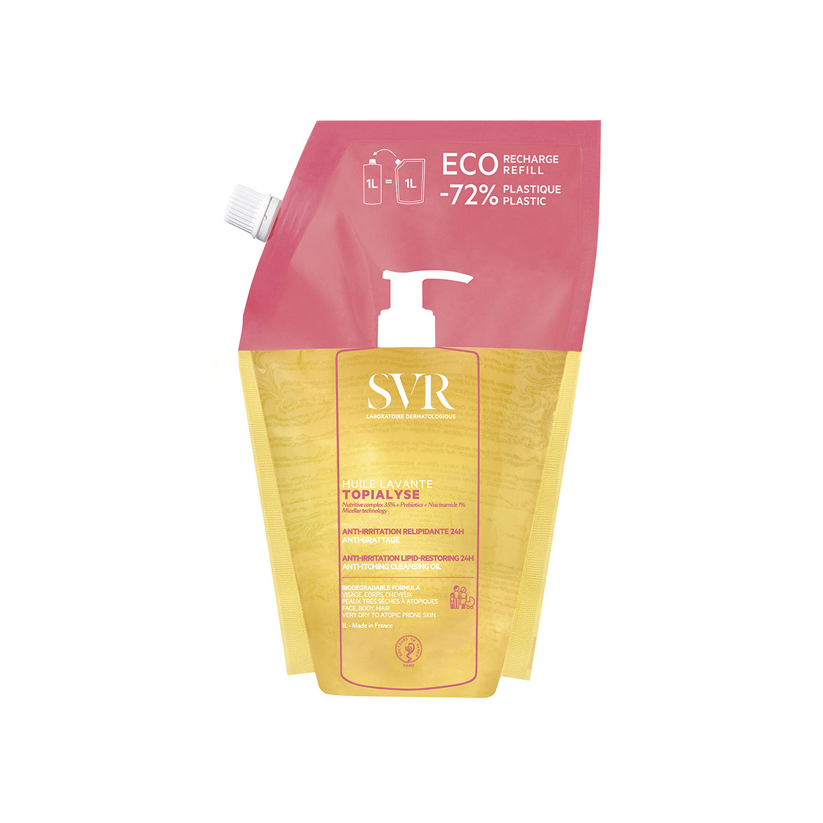 SVR TOPIALYSE Huile Lavante 1L Nachfüllbeutel mit rosa Oberteil und goldgelbem Öl-Design für trockene, empfindliche Haut.