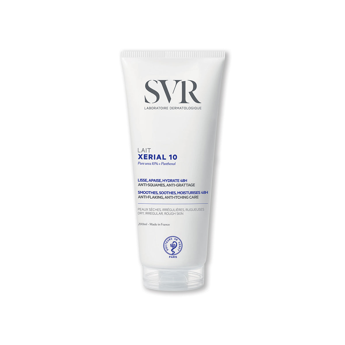 Weiße 200ml Tube SVR XERIAL 10 Lait Körperlotion mit blauem Text und Klappdeckel für trockene, raue Haut.