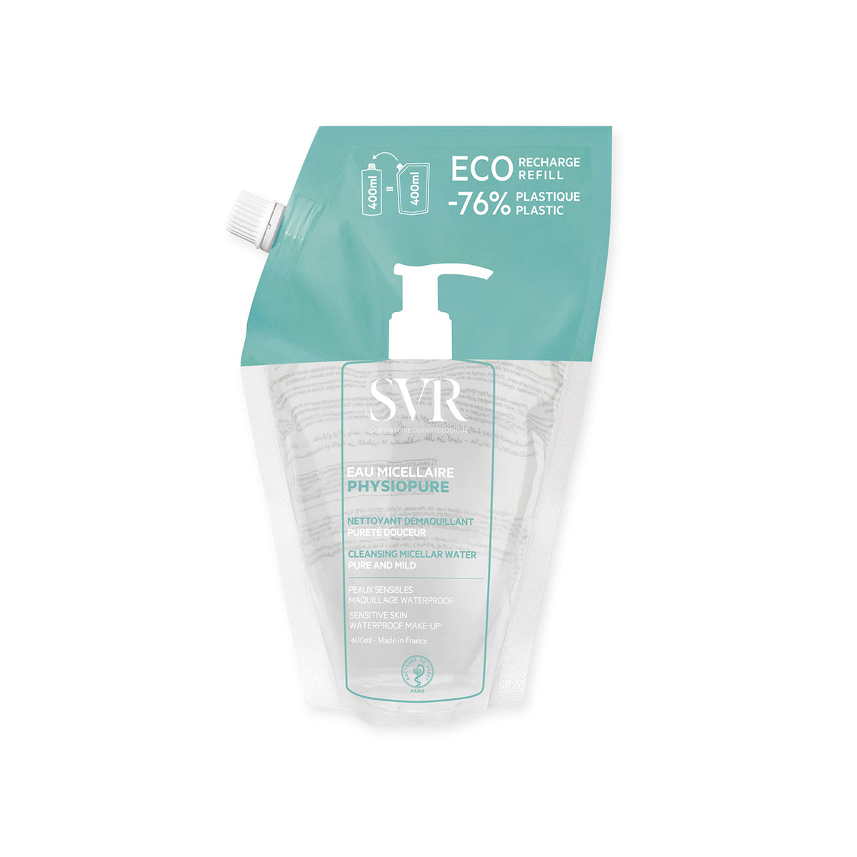 SVR PHYSIOPURE Eau Micellaire 400ml Nachfüllbeutel mit türkisfarbenem Design zur sanften Gesichtsreinigung.