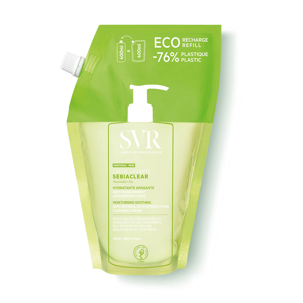 SVR SEBIACLEAR Crème Lavante 400ml Nachfüllbeutel in Grün mit Pumpspender für empfindliche, unreine Haut.