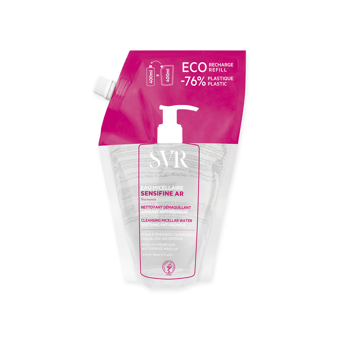SVR SENSIFINE AR Mizellenwasser Nachfüllbeutel 400ml in Pink mit weißem Pumpverschluss für empfindliche Haut.