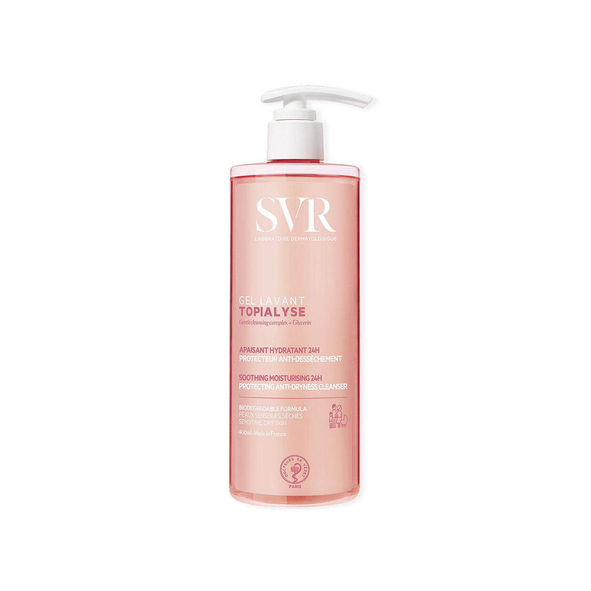 SVR TOPIALYSE Gel lavant 400ml in einer transparenten rosa Flasche mit weißem Pumpspender und weißer Beschriftung.