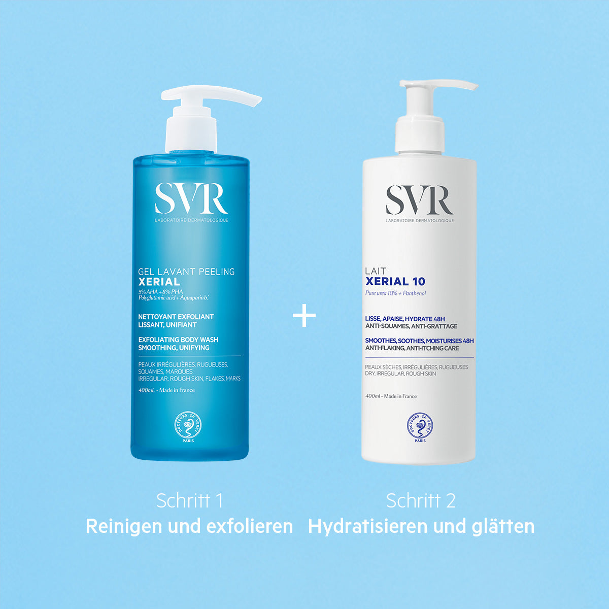 SVR XERIAL New Skin Duo set with blue exfoliating wash and white moisturizing lotion bottles on a blue background.