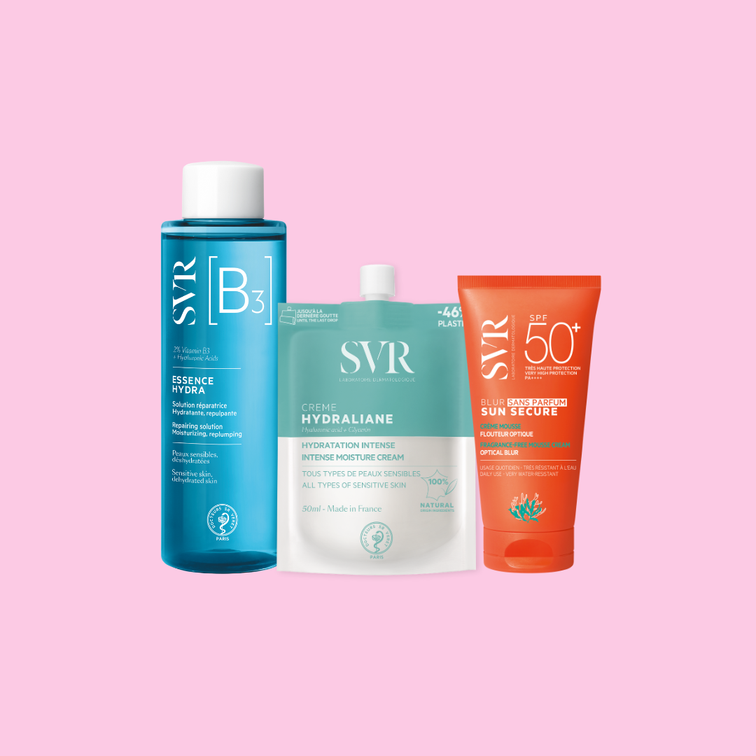 SVR Hautpflege-Set mit blauem Essence Hydra Flakon, Hydraliane Creme-Beutel und orangefarbener Sun Secure Sonnencreme.