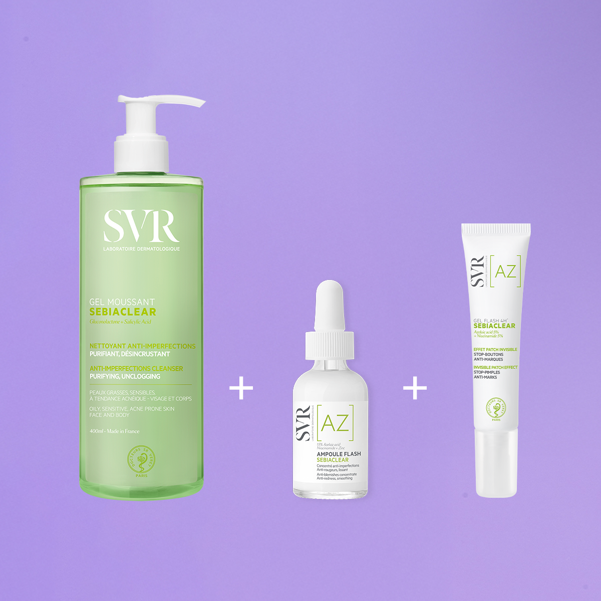 SVR Sebiaclear Anti-Unreinheiten-Routine mit Reinigungsgel, Ampulle und Gel-Creme auf lila Hintergrund.