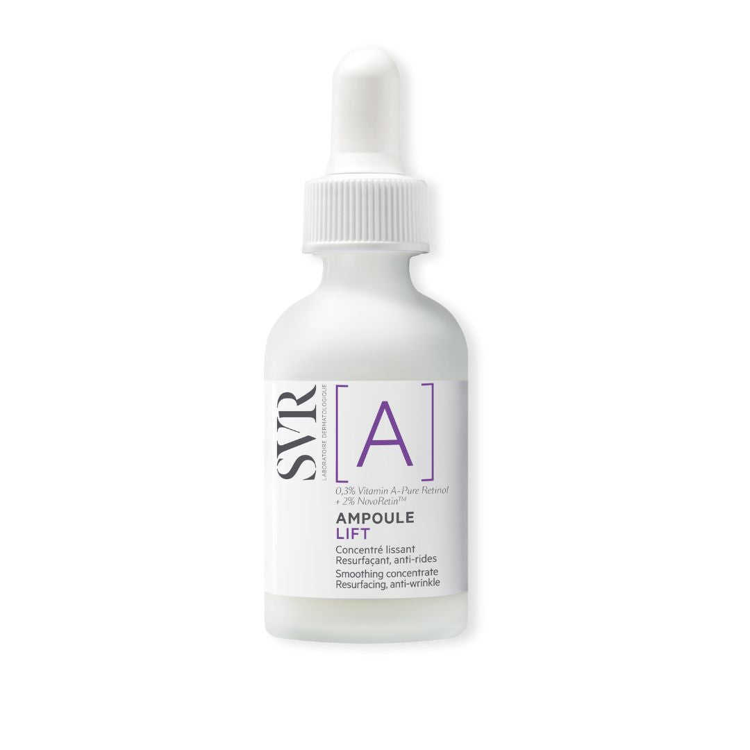 SVR [A] Ampoule Lift smoothing concentrate in a frosted glass dropper bottle with white cap and purple label accents.
