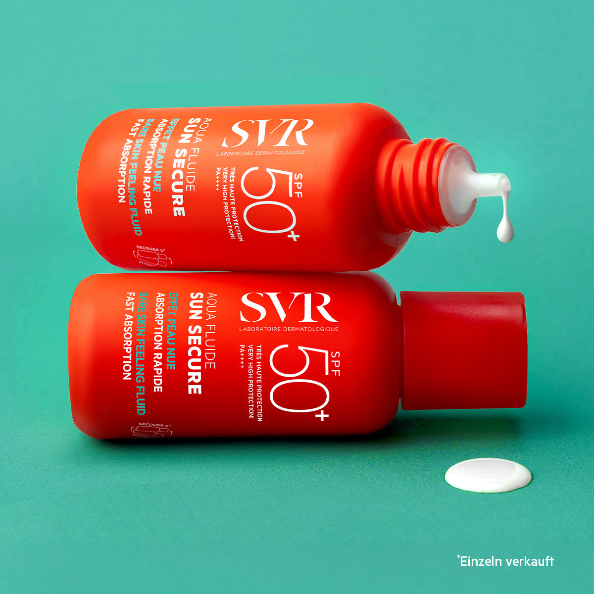 Two bright orange SVR SUN SECURE SPF50+ sunscreen bottles stacked on a teal background with a drop of white fluid.