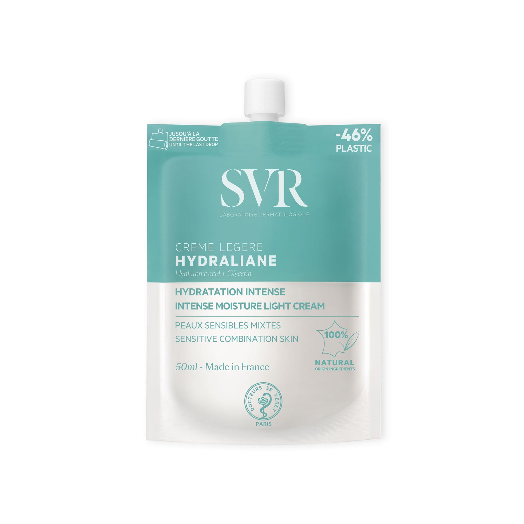 SVR Hydraliane Crème Légère in einer hellblauen, umweltfreundlichen 50ml-Nachfüllverpackung mit weißem Schraubverschluss.