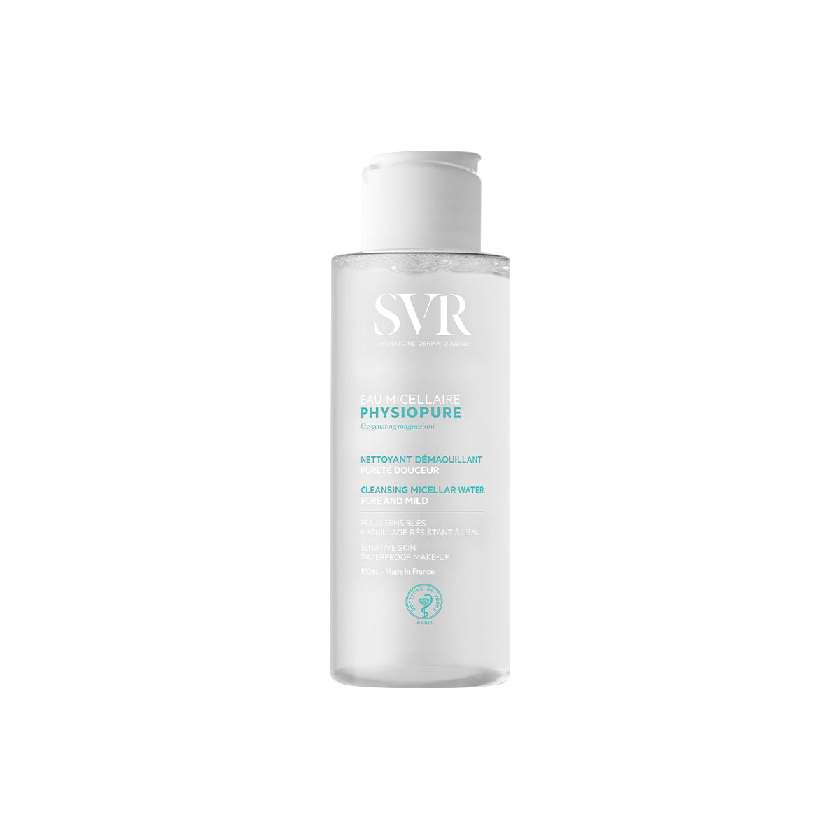 Transparente 100ml SVR PHYSIOPURE Mizellenwasser-Flasche mit weißem Klappdeckel und weißer Beschriftung auf weißem Hintergrund.