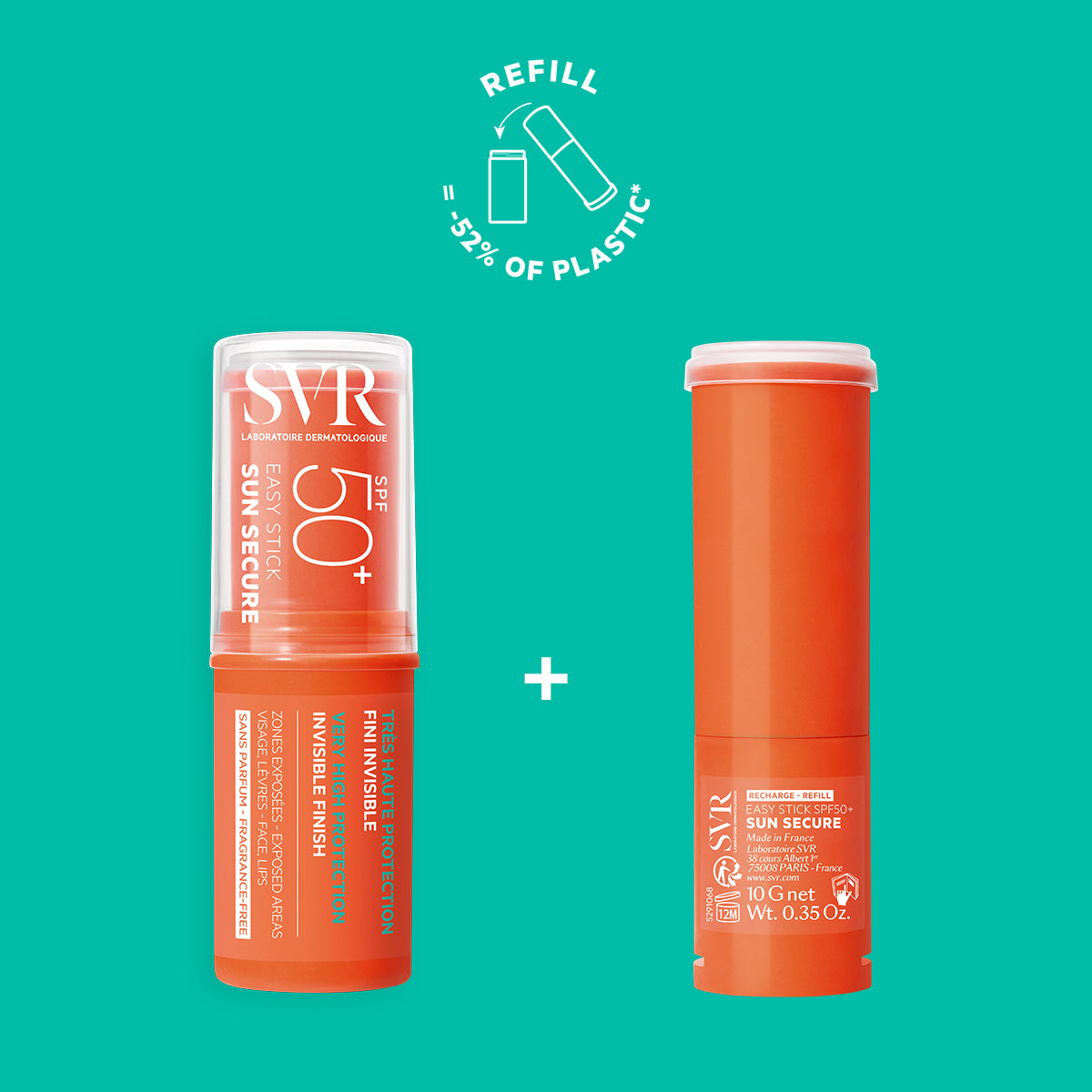 SVR Sun Secure Easy Stick SPF50+ Duo mit orangefarbenem Sonnenschutzstift und einer 10g Nachfüllpackung auf Türkis.