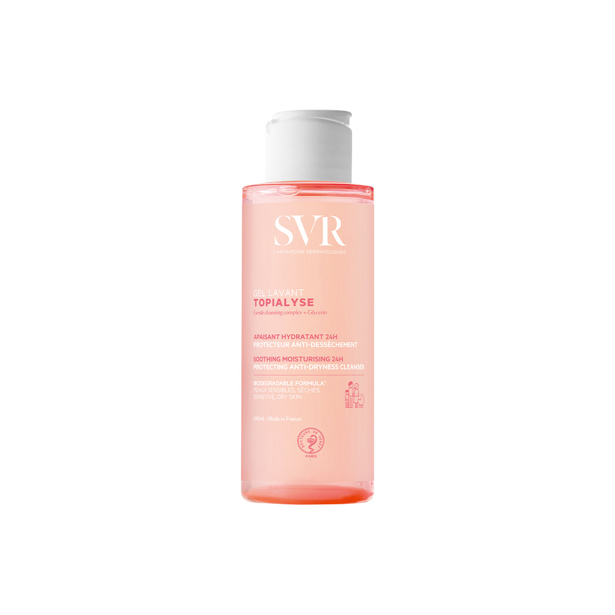 Transparente 100ml SVR TOPIALYSE Gel Lavant Flasche mit weißem Klappdeckel und rosa Reinigungsgel für empfindliche Haut.