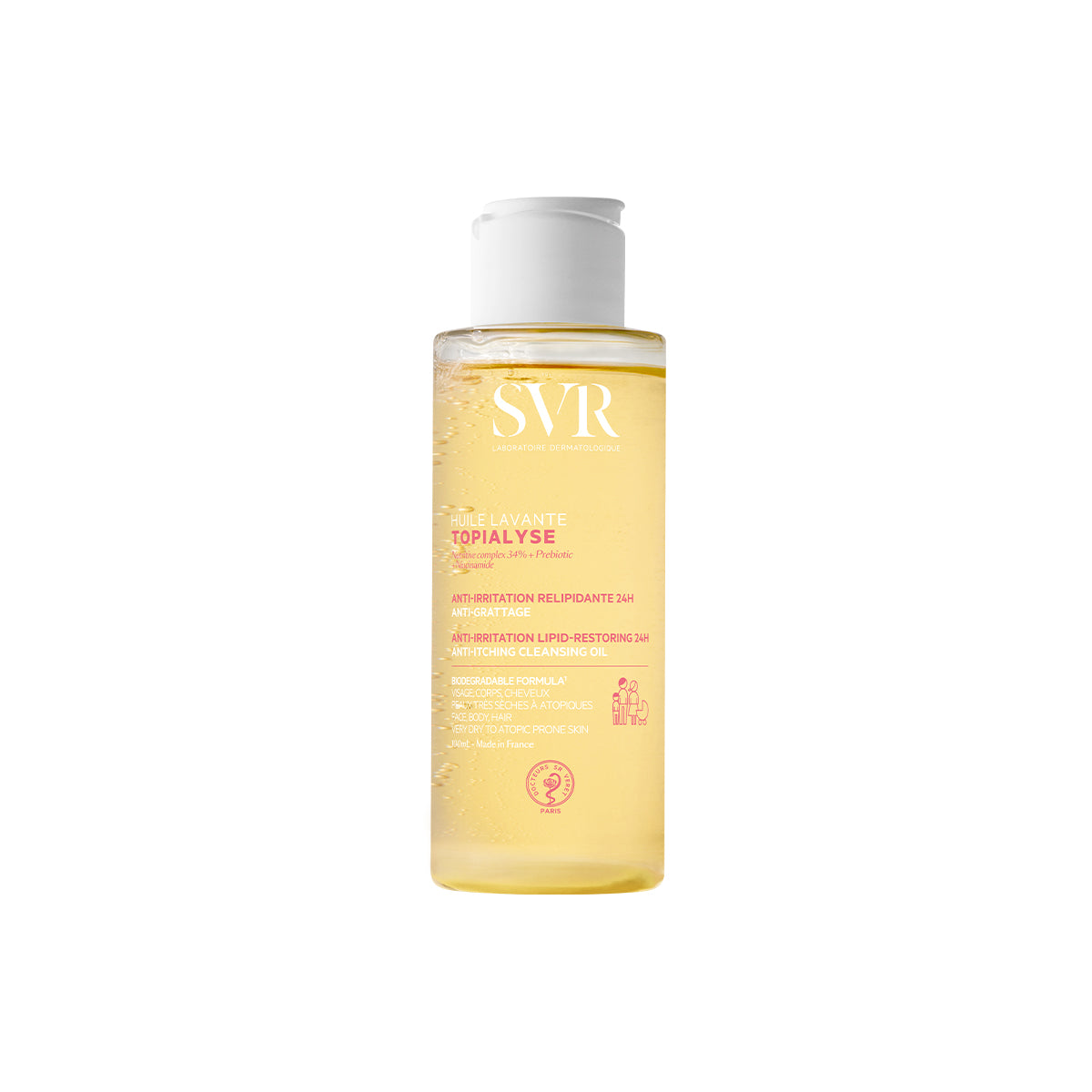 Transparente Flasche mit SVR Topialyse Huile Lavante Reinigungsöl, weißer Klappdeckel, goldene Textur, 400ml Größe.