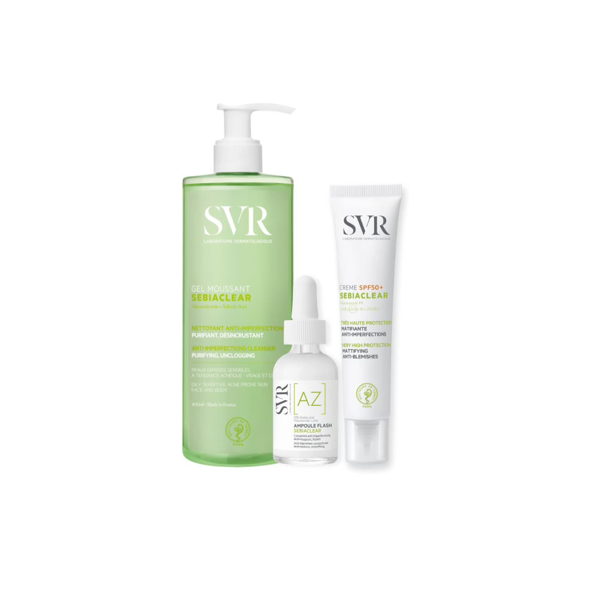 SVR Sebiaclear Anti-Unreinheiten-Routine mit Reinigungsgel, Ampulle und mattierender Sonnencreme.