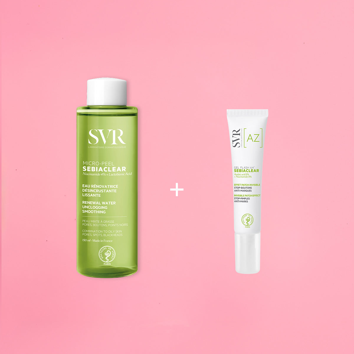 SVR Sebiaclear SOS-Pickel-Duo mit grünem Micro-Peel Gesichtswasser und weißer Anti-Pickel Gel-Tube auf rosa Hintergrund.