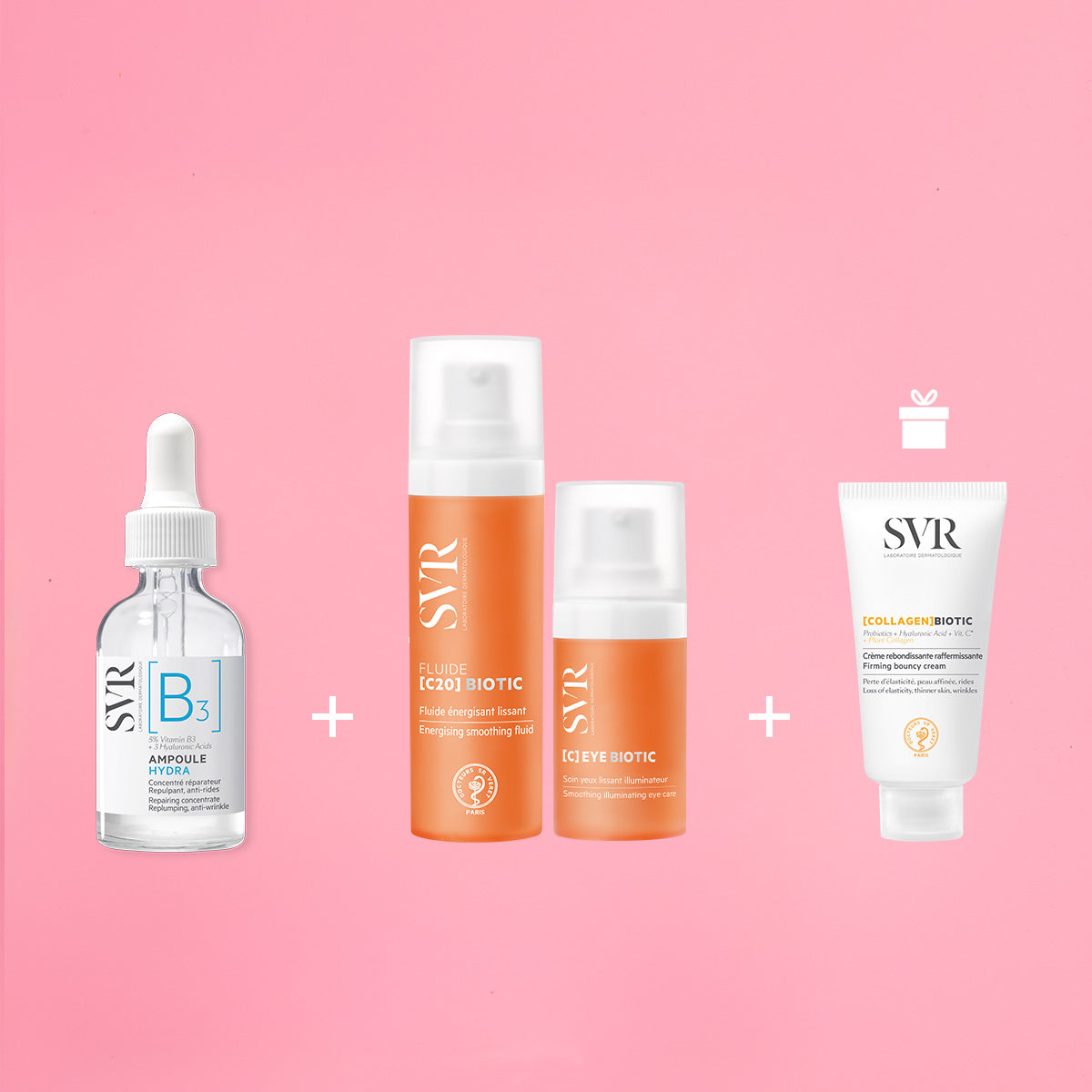 SVR skincare set featuring a B3 ampoule, orange C20 fluid, C eye cream, and Collagen Biotic cream on a pink background.
