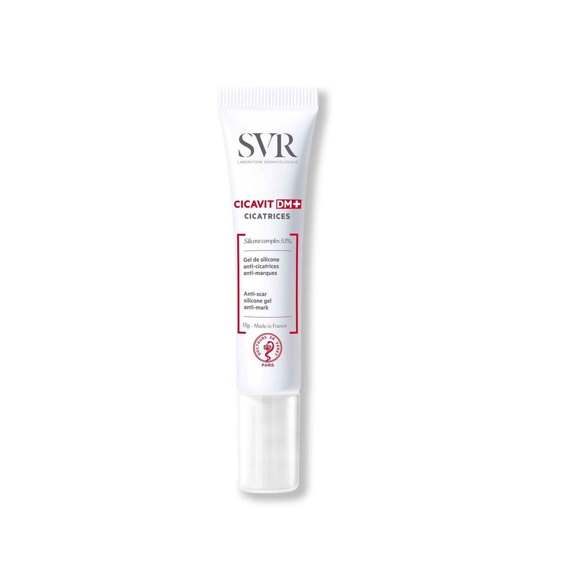 Weiße 15g-Tube SVR CICAVIT DM+ Narbengel mit rotem Branding und Silikonkomplex auf weißem Hintergrund.